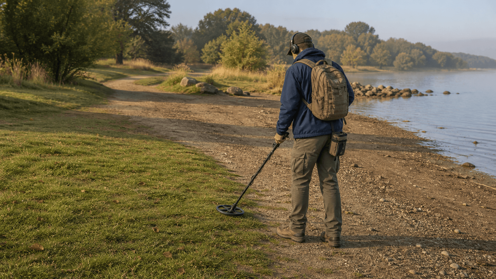 A beginner sweeps an unbranded metal detector where grass, firm soil, and shallow water meet.