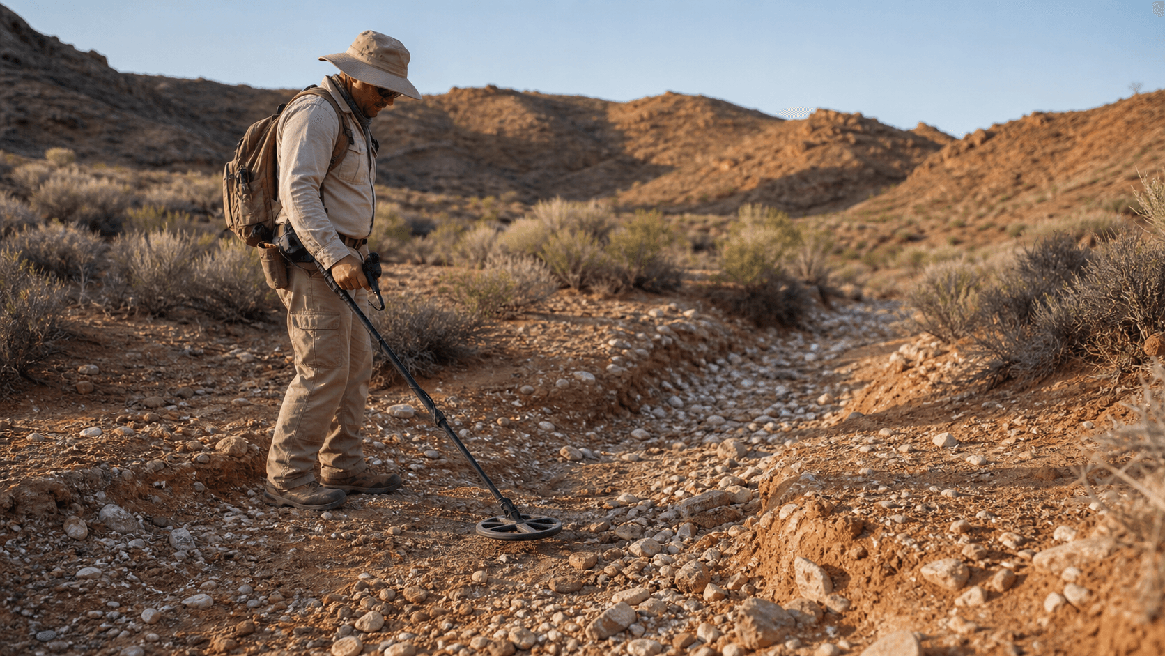 A detectorist sweeps an unbranded metal detector over quartz gravel and iron-rich soil in a dry creek bed.