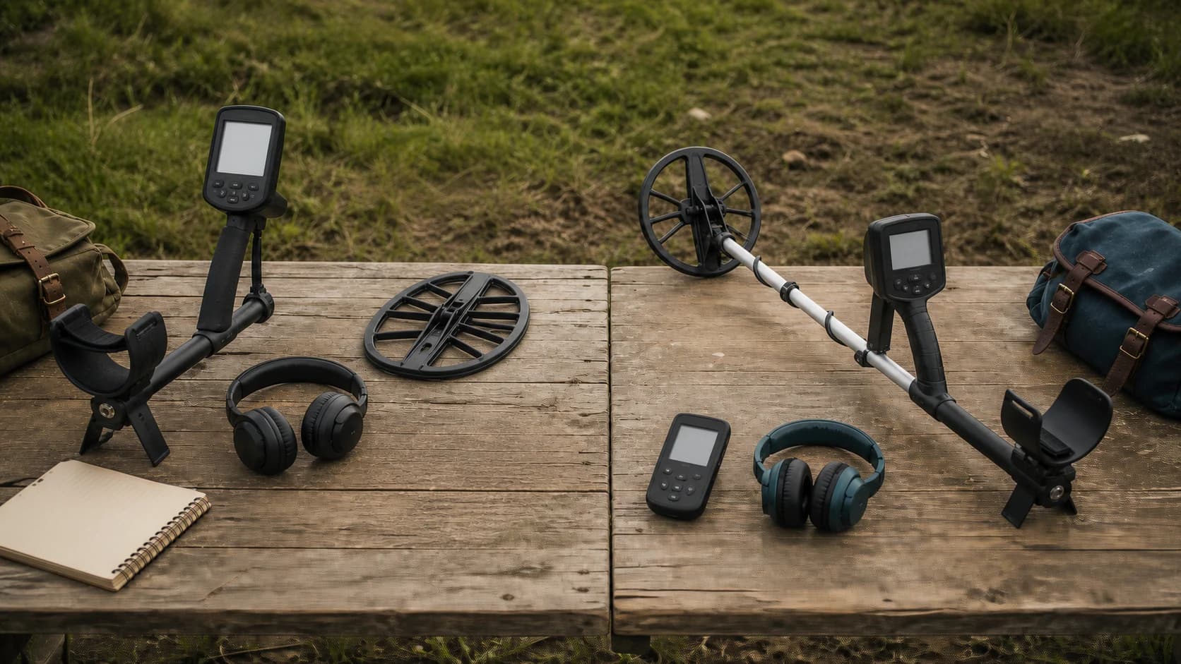 Two unbranded metal detector setups on a field table: a two-coil kit and a lighter remote-led setup.
