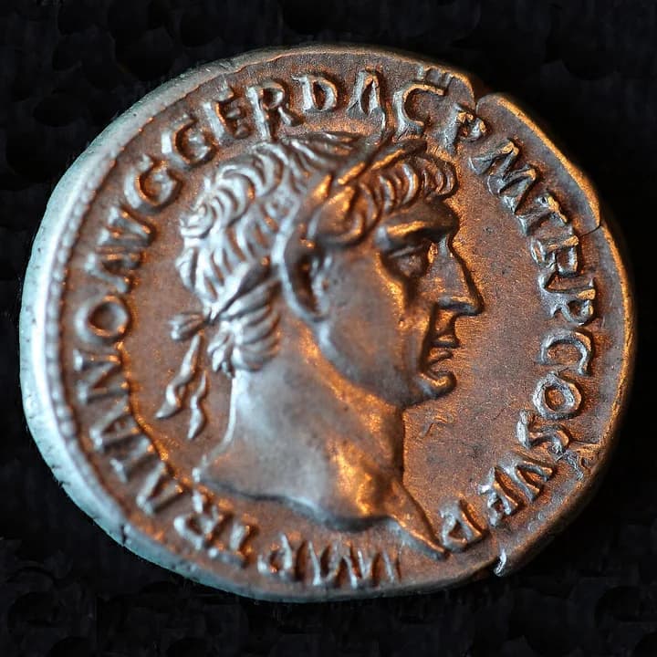 Roman denarius showing Trajan wearing a laurel wreath