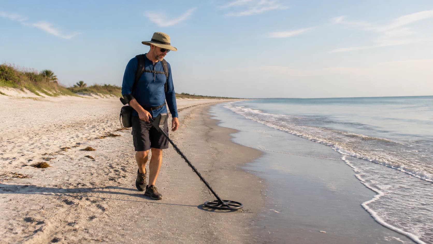 A detectorist sweeps an unbranded metal detector where dry Florida sand meets dark wet salt sand and shallow surf.