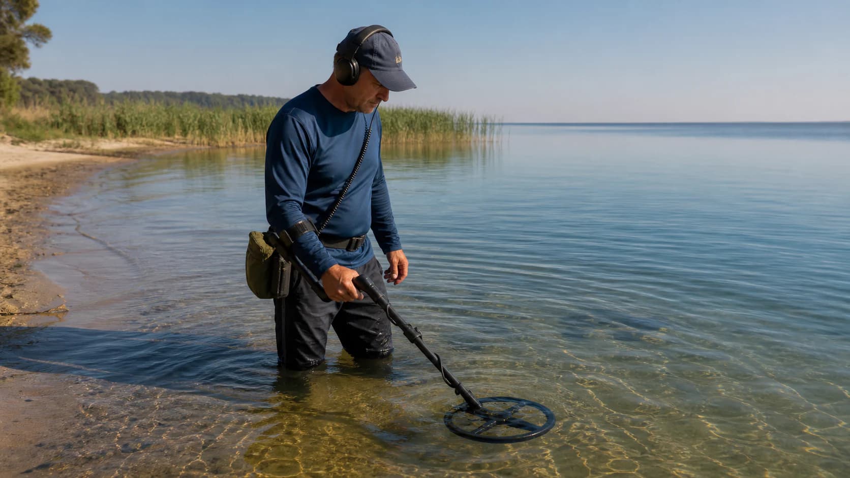 A detectorist sweeps an unbranded metal detector through calm knee-deep water beside a firm shoreline.